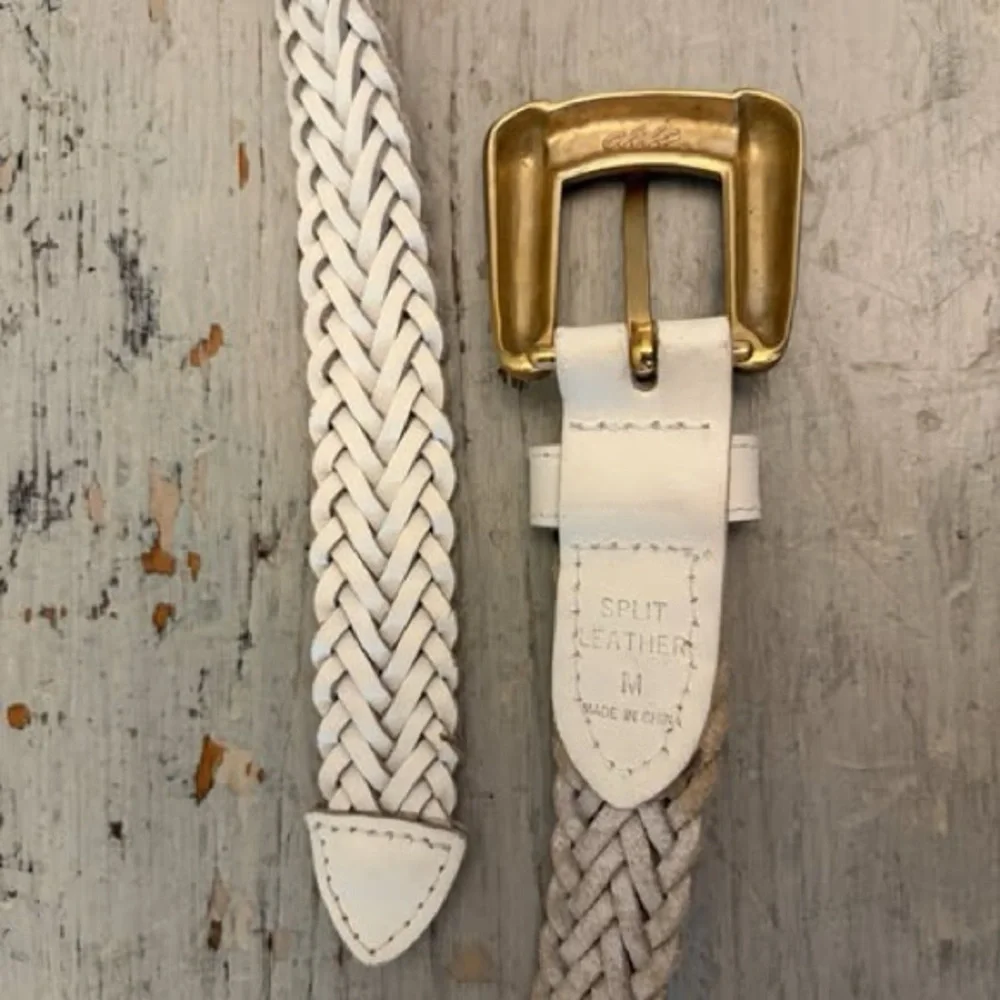Vintage Chic Braided‎ White Leather Gold Buckle Belt Medium Good Condition